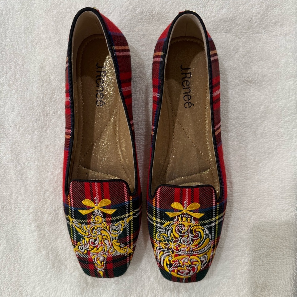 J.Renee Red Plaid Loafers with Yellow/Gold Embroidery